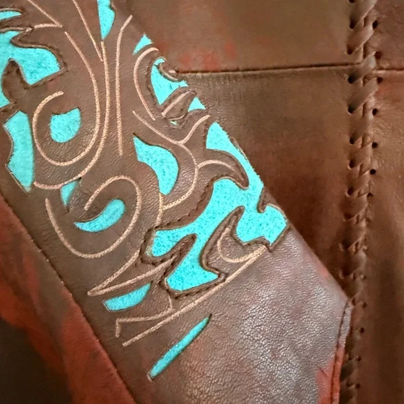 EUC 🔥 STUNNING! Tribe America Brown Leather Turquoise Suede Jacket $800 Ret - Picture 5 of 10